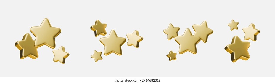 3D gold star icon set isolated on white background for rating and review concepts. Gold star rating set shows five star award icons, rating, feedback and quality symbols for UI, apps, products