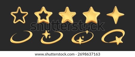 3D gold star icon set in futuristic isolated on dark background. Glossy golden cyber star for Christmas and New Year decoration, galaxy emoji with falling star, bling, spark. 3D realistic y2k vector