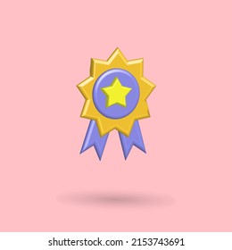 3D Gold star medal icon vector, image cartoon illustration with purple blue, yellow and pink background