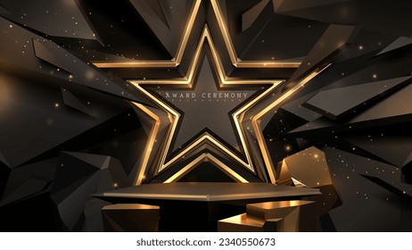 3D goldener Stern auf schwarzem Stein-Podium mit glitzernden Lichteffekten und Bokeh-Dekoration auf dunkler Szene. Hintergrund der Preisverleihung. Modernes Kunstdesign.