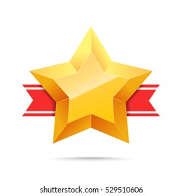3D Gold star and red ribbon. Victory icon. Winner award. Best choice. Vector illustration