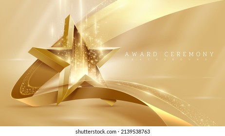 3d gold star with ribbon element and glitter light effect decoration and bokeh and beam. Luxury award ceremony background.