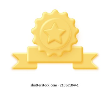 3d gold star in round frame with ribbon vector illustration. Realistic golden winner award, label for best service and prize medal for competition, abstract yellow best reward badge isolated on white