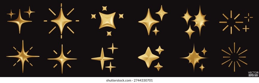 3d gold star sparkle isolated on black background. Golden sparkles emoji icon. 3D vector illustration.