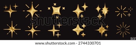 3d gold star sparkle isolated on black background. Golden sparkles emoji icon. 3D vector illustration.