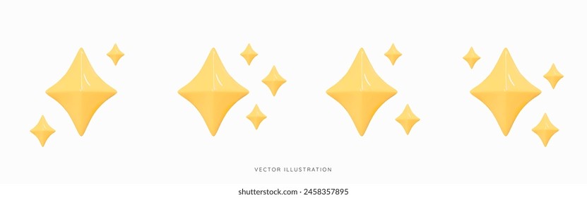 3D Gold star sparkle set emoji. Cute shiny star shaped object. Magic elements. Party confetti. Cartoon creative design icons isolated on white background. 3D Vector illustration