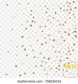 3d Gold stars. Confetti celebration, Falling golden abstract decoration for party, birthday celebrate, anniversary or event, festive. Festival decor. Vector illustration