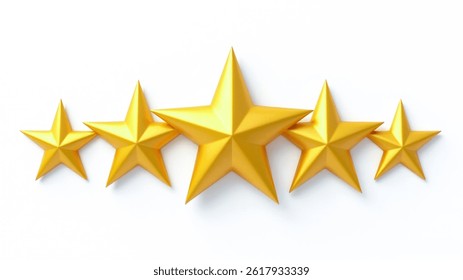 3D Gold Stars Icon – Five Shiny Yellow Stars on White Background, Vector Illustration