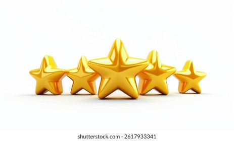 3D Gold Stars Icon – Five Shiny Yellow Stars on White Background, Vector Illustration