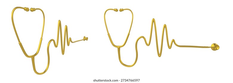 Estetoscopio de oro 3d con un cable en forma de línea de ECG. Diseño realista de alta calidad, estetoscopio mostrado en 2 ángulos diferentes, vista lateral y frontal. Ilustración vectorial aislada.