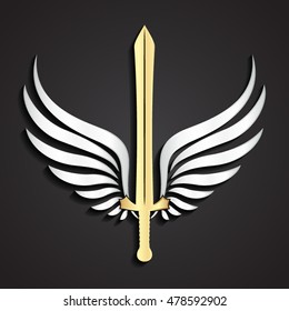 3d Gold Sword With Silver Wings Symbol