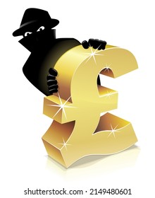 3D gold symbol of British currency, the pound sterling with a masked criminal stealing it on a white background