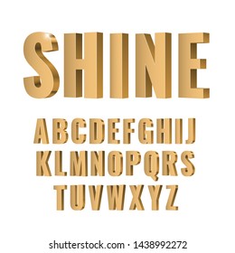 3d Gold Symbols Alphabet. Shiny Letters In Style Sanserif Font. Vector Illustration