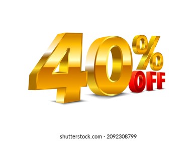 3D gold text 40 percent off on white background. Vector illustration, Golden Yellow and red color