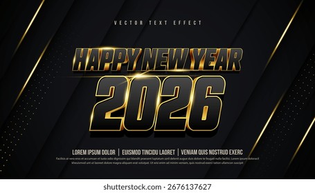 3d gold text effect of happy new year 2026 with glitter sparkle and luxury halftone background. Christmas celebration typography in royal font style. Shiny golden metal logo art for business marketing