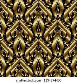 3d gold textured Baroque vector seamless pattern. Floral vintage ornamental background. Modern abstract ornate design. Hand drawn antique baroque damask ornaments. Surface metal texture. For wallpaper