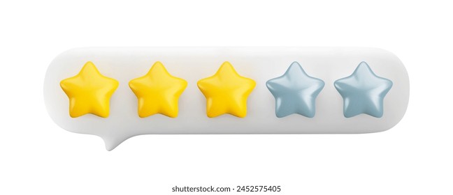 3d gold three stars out of five in white speech bubble. Realistic render of customer review, rating, feedback concept. 3d medium quality service symbol isolated on white background.