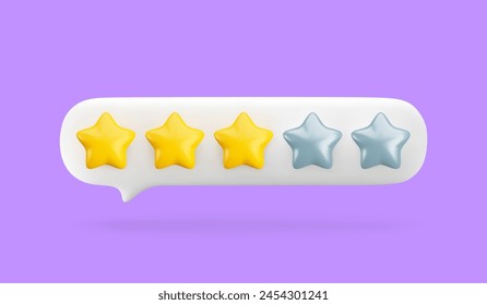 3d gold three stars out of five in white speech bubble. Realistic render of customer review, rating, feedback concept. 3d medium quality service symbol on violet background with shadow.