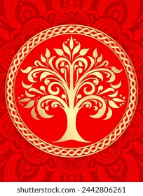 3d gold tree on ornamental red background