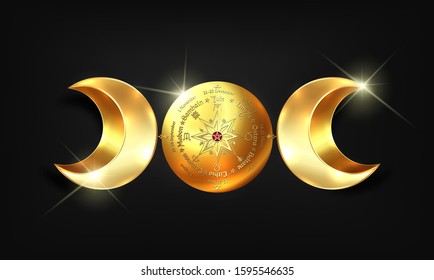 3D gold triple moon Wicca pagan goddess, wheel of the Year is an annual cycle of seasonal festivals. Wiccan calendar and holidays. Compass, middle pentagram symbol, names in Celtic of the Solstices