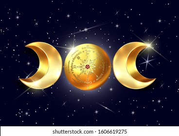 3D gold triple moon Wicca pagan goddess, wheel of the Year is an annual cycle of seasonal festivals. Wiccan calendar and holidays. Compass, middle pentagram symbol, names in Celtic of the Solstices