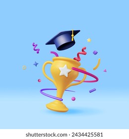 3D Gold Trophy, Confetti and Graduation Cap Isolated. Render Golden Cup and Education Hat. Diploma or Accreditation. Goal and Achievement. Business Graduation Concept. Vector Illustration