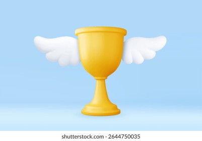 3D gold trophy cup with white cartoon wings on a blue background, symbolizing victory, achievement, or success. Winner prize and success concept. 3d rendering. Vector illustration