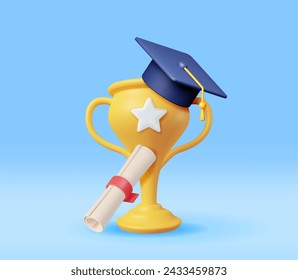 3D Gold Trophy, Diploma and Graduation Cap Isolated. Render Golden Cup and Education Hat. Diploma or Accreditation. Goal and Achievement. Business Graduation Concept. Vector Illustration