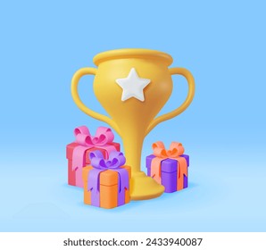 Trofeo de oro 3D con cajas de regalo aisladas. Render Winner Cup y Regalos. Programa de recompensas. Premio, Victoria, Gol, Logro del Campeón, Premio, Premio Deportivo, Éxito. Ilustración vectorial