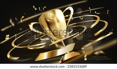 3d gold trophy on black background with ribbon elements with confetti and bokeh. Luxury award ceremony background. Vector illustration.