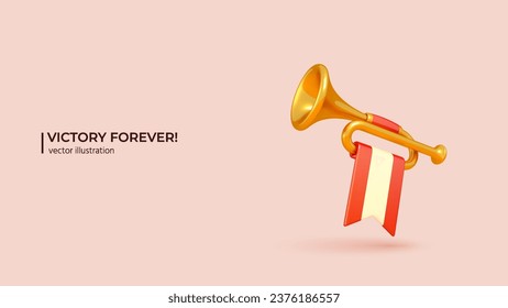 3d Gold Trumpet. Realistic 3d design of Golden Fanfare with White and Red Flag. 3D Vector illustration in cartoon minimal style.