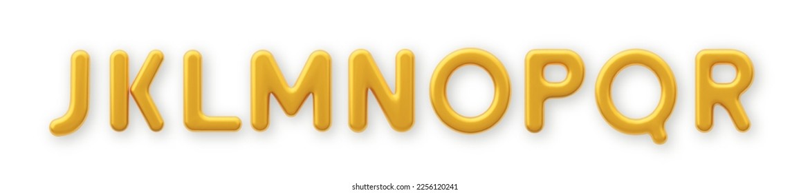 3D Gold uppercase letters J,K,L,M,N,O,P,Q and R on a white background.