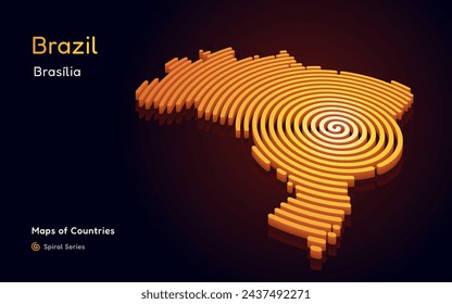 3D Gold Vector Map of Brazil in a Circle Spiral Pattern with a Capital of Brasilia.