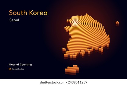 3D Gold Vector Map of South Korea a Circle Spiral Pattern with a Capital of Seoul.	