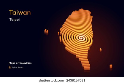 3D Gold Vector Map of Taiwan a Circle Spiral Pattern with a Capital of Taipei