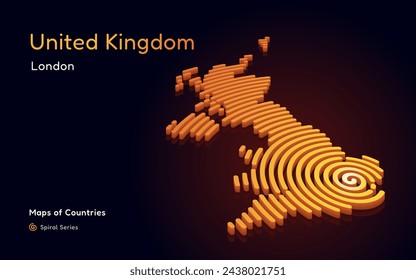 Mapa 3D del vector del oro del Reino Unido un patrón espiral del círculo con una capital de Londres. 