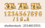 3D gold vector numbers Illustration 30%, 50%, 70% percent set. Sale off discount promotion set made of realistic golden numbers 3d. Template discount vector for your unique selling poster, banner ads.