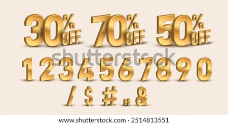 3D gold vector numbers Illustration 30%, 50%, 70% percent set. Sale off discount promotion set made of realistic golden numbers 3d. Template discount vector for your unique selling poster, banner ads.