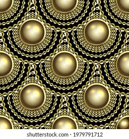 3d gold vector seamless pattern. Deco jewelry background. Modern repeat backdrop. 3d wallpaper. Ornate endless texture. Round gold mandalas with golden beads, frames, gemstones. Luxury ornaments.