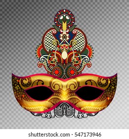 3d gold venetian carnival mask silhouette with ornamental feather isolated on transparence background, vector illustration eps 10