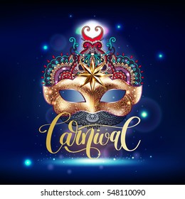 3d gold venetian carnival mask with ornamental floral feather and hand lettering on blue shine background, calligraphy vector illustration eps 10