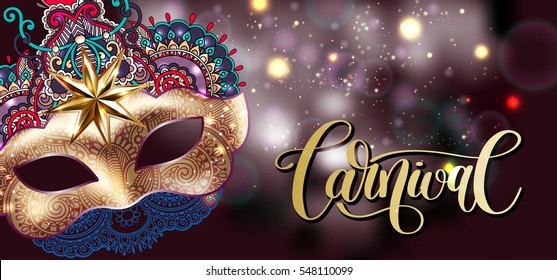 3d gold venetian carnival mask with ornamental floral feather and hand lettering on night shine background, calligraphy vector illustration eps 10