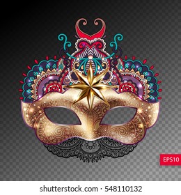 3d gold venetian carnival mask silhouette with ornamental feather isolated on transparence background, vector illustration eps 10