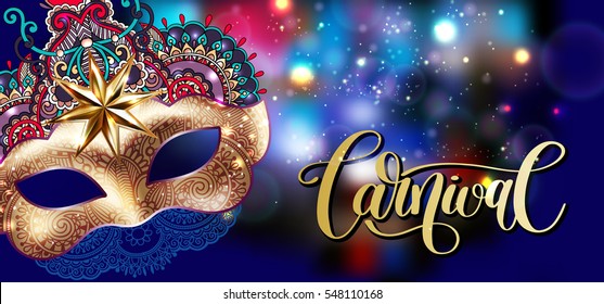 3d gold venetian carnival mask with ornamental floral feather and hand lettering on blue shine background, calligraphy vector illustration eps 10