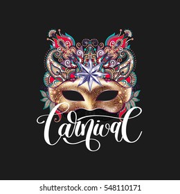 3d gold venetian carnival mask with ornamental floral feather and hand lettering isolated on black background, calligraphy vector illustration eps 10