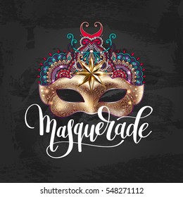 3d gold venetian carnival mask with ornamental floral feather and hand lettering on grungy black background, calligraphy vector illustration eps 10