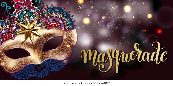 3d gold venetian carnival mask with ornamental floral feather and hand lettering on night shine background, calligraphy vector illustration eps 10