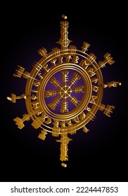 Viking 3D Gold Pagan Asatru Runic Compass, Vegvisir Rune Circle Viking Norse Mythology. Talismán protector dorado para viajeros. Magical Navigator Compass para los vagabundos. Vector aislado en negro