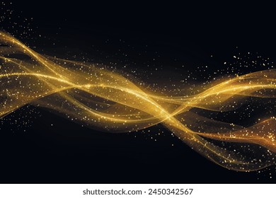 3d Gold wave flow lines and golden glitter on black background. Luxury golden flowing wavy lines glowing pattern with gold spray, sparckles. Shiny decorative ornate modern design. Liquid ornaments.