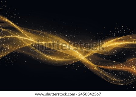 3d Gold wave flow lines and golden glitter on black background. Luxury golden flowing wavy lines glowing pattern with gold spray, sparckles. Shiny decorative ornate modern design. Liquid ornaments.